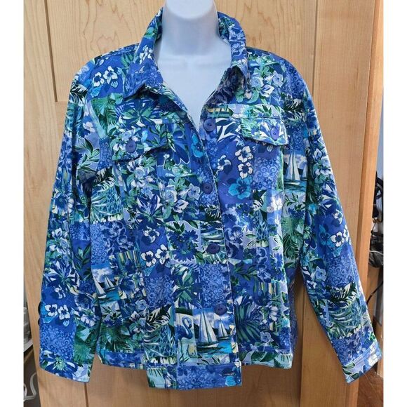 Floral Patchwork Jacket Drapers & Damons 2X Women Blue Green Cotton Blend Button - Picture 1 of 8